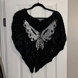 Vintage Black Sequin Poncho Top with Silver Butterfly Design 100% Silk